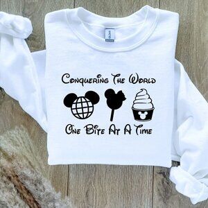 Disney Epcot Conquering the World On Bite at a Time Sweatshirt Sweater